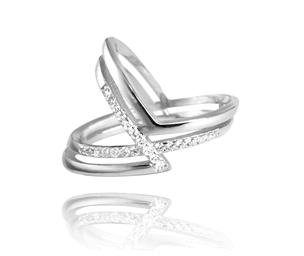 MINET Asymetrický stříbrný prsten s bílými zirkony vel. 58