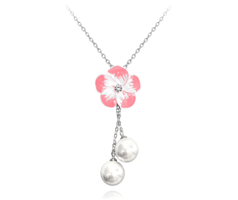 MINET Růžový rozkvetlý stříbrný náhrdelník FLOWERS se zirkonem a perličkami