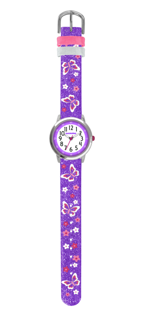 CLOCKODILE Motýlí fialové dívčí dětské hodinky BUTTERFLIES se třpytkami - Dětské