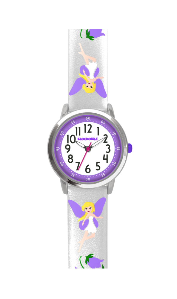 CLOCKODILE Stříbrné třpytivé dívčí dětské hodinky s fialovými vílami FAIRIES - Dětské