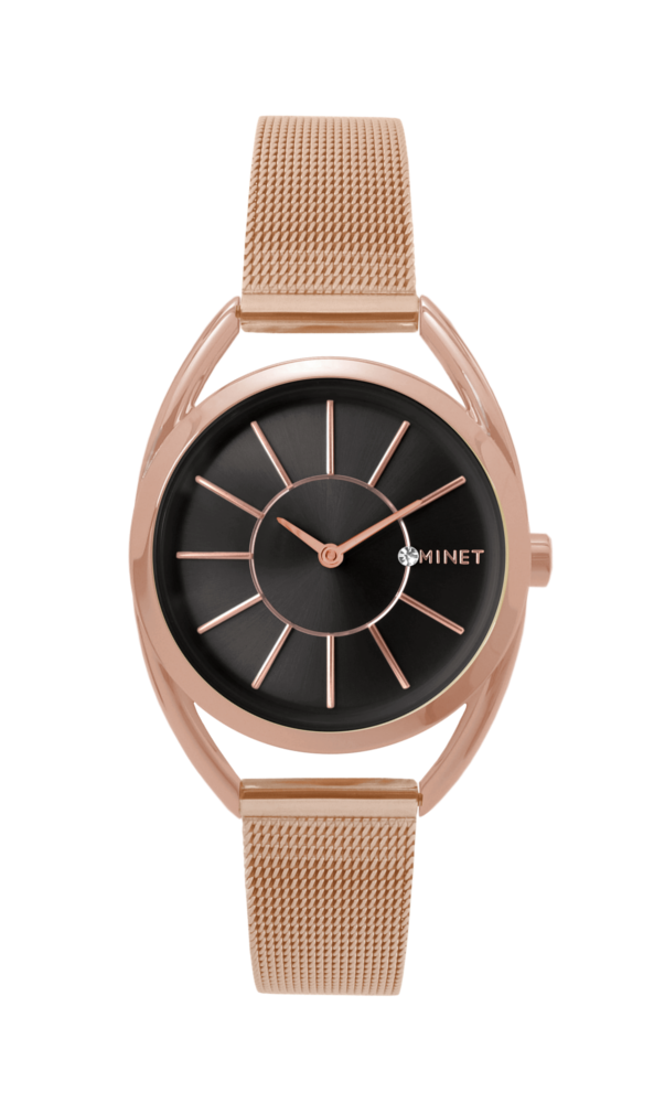 MINET Růžovo-černé dámské hodinky ICON ROSE GOLD BLACK MESH MWL5018