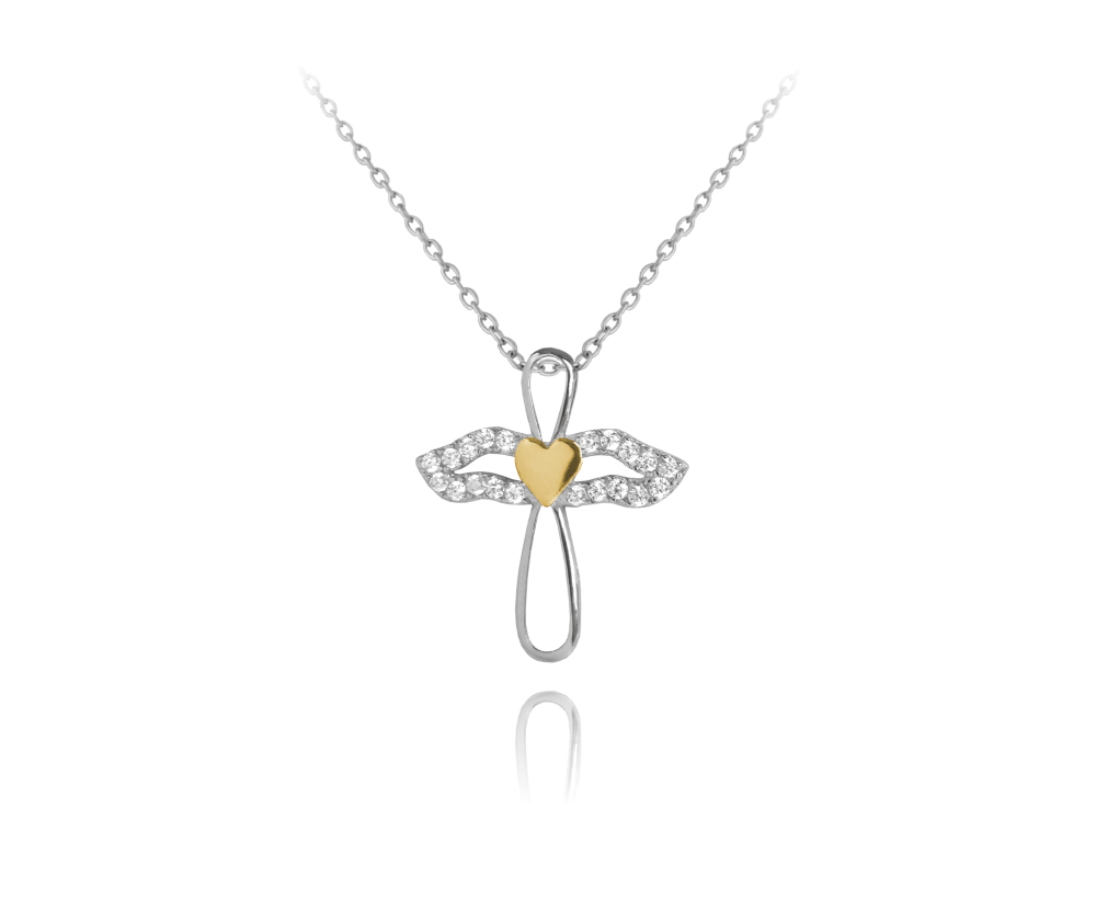 MINET Třpytivý stříbrný náhrdelník ANDĚL se zlatým srdíčkem JMAN0034GN45