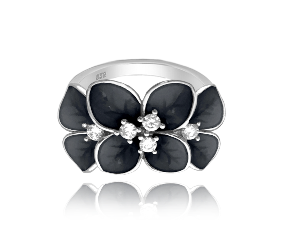 MINET Černý rozkvetlý stříbrný prsten FLOWERS s bílými zirkony vel. 57 JMAS5034BR57