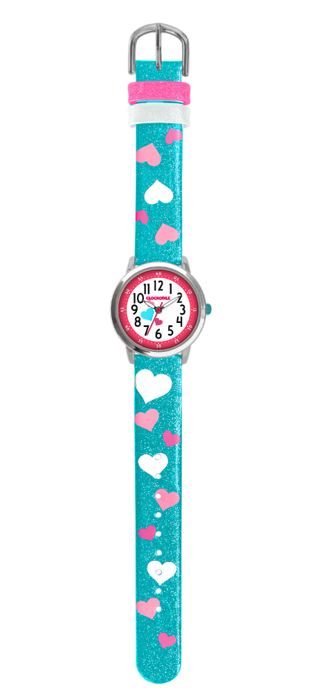CLOCKODILE Tyrkysové třpytivé dívčí dětské hodinky se srdíčky HEARTS - Dětské