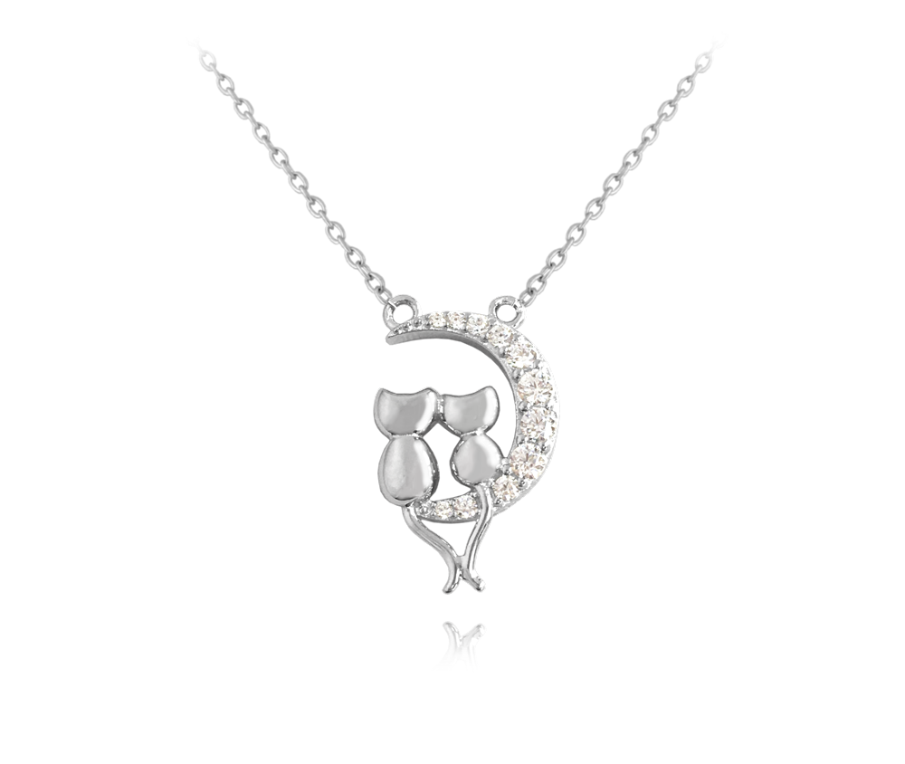 MINET Stříbrný náhrdelník KOČKY na bílém měsíci JMAN0190SN45