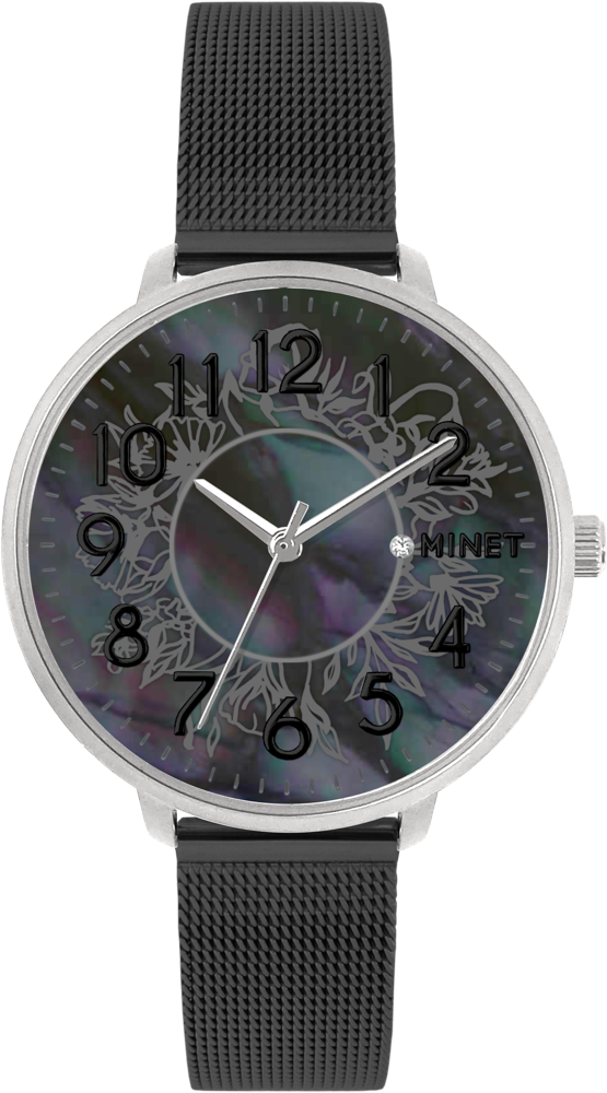 Stříbrno-černé dámské hodinky MINET PRAGUE Black Flower MESH s čísly