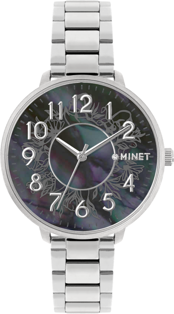 Stříbrno-černé dámské hodinky MINET PRAGUE Black Flower s čísly