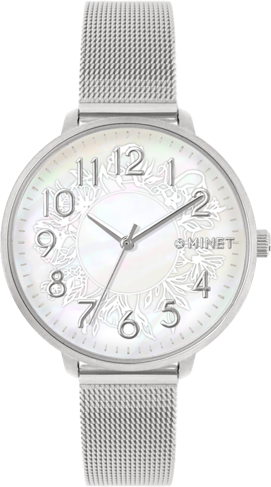 MINET Stříbrné dámské hodinky PRAGUE Silver Flower Mesh s čísly MWL5147