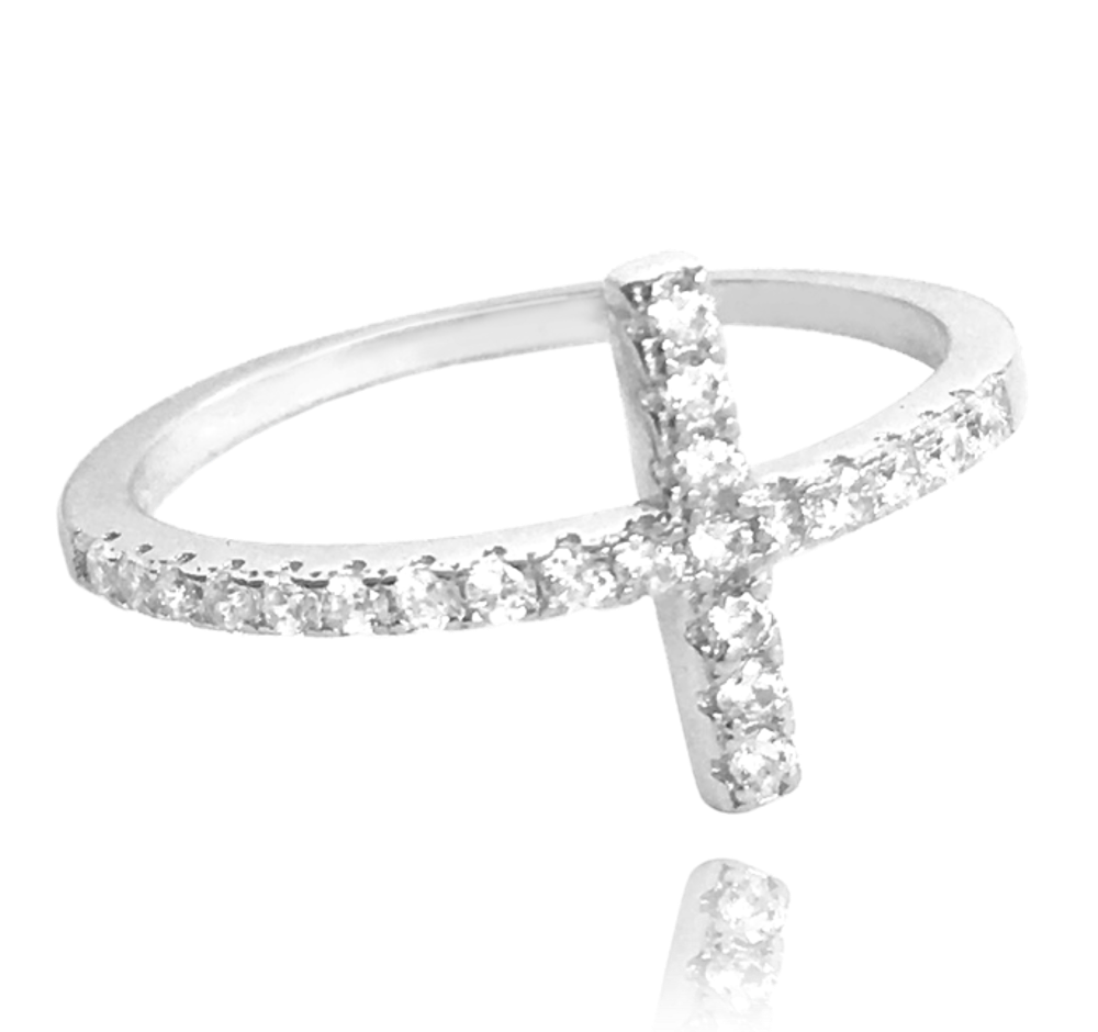 MINET Stříbrný prsten KŘÍŽEK s bílými zirkony vel. 50