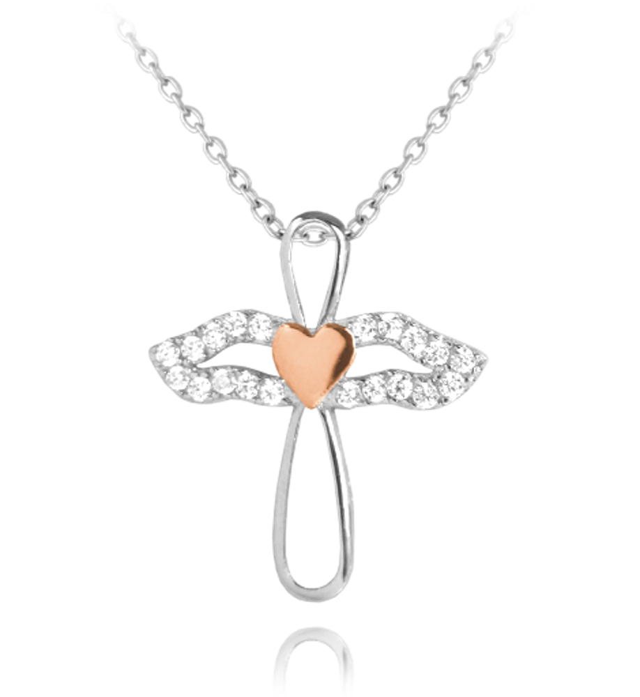 MINET Třpytivý stříbrný náhrdelník ANDĚL s růžovým srdíčkem JMAN0034SN45