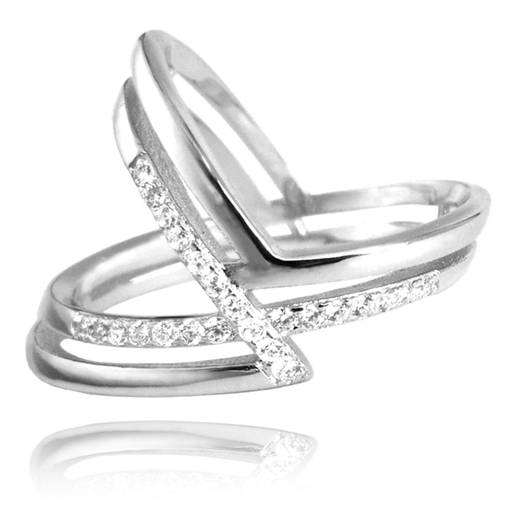 MINET Asymetrický stříbrný prsten s bílými zirkony vel. 52