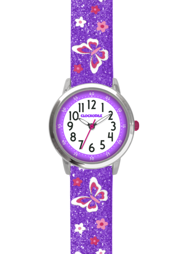 CLOCKODILE Motýlí fialové dívčí dětské hodinky BUTTERFLIES se třpytkami CWG5043