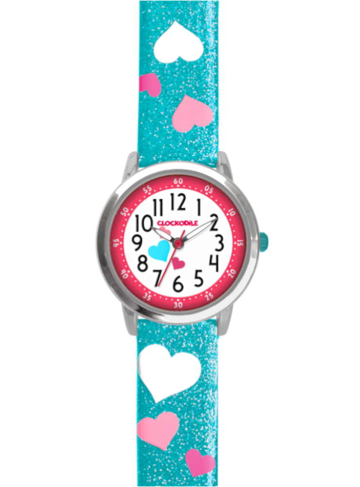 CLOCKODILE Tyrkysové třpytivé dívčí dětské hodinky se srdíčky HEARTS CWG5063
