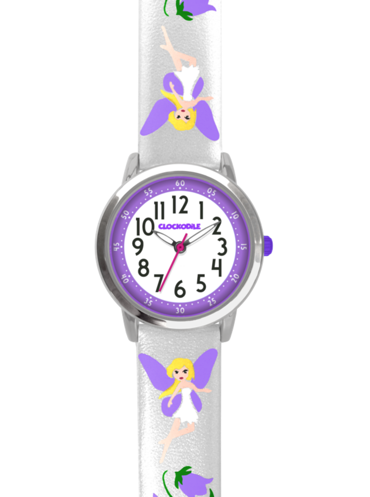 CLOCKODILE Stříbrné třpytivé dívčí dětské hodinky s fialovými vílami FAIRIES CWG5082