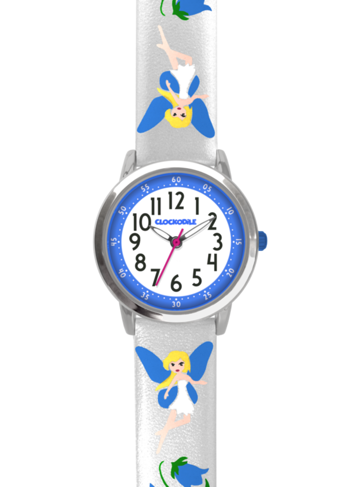 CLOCKODILE Stříbrné třpytivé dívčí dětské hodinky s modrými vílami FAIRIES - Dětské