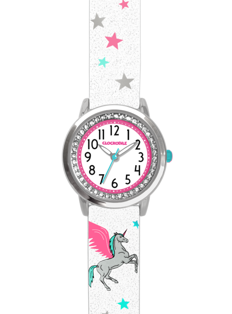 CLOCKODILE Bílé třpytivé dívčí dětské hodinky s jednorožcem a kamínky UNICORN CWG5101