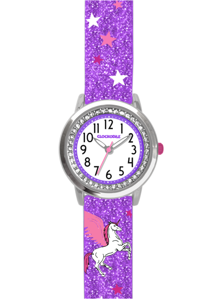 Fialové třpytivé dívčí dětské hodinky s jednorožcem a kamínky CLOCKODILE UNICORN