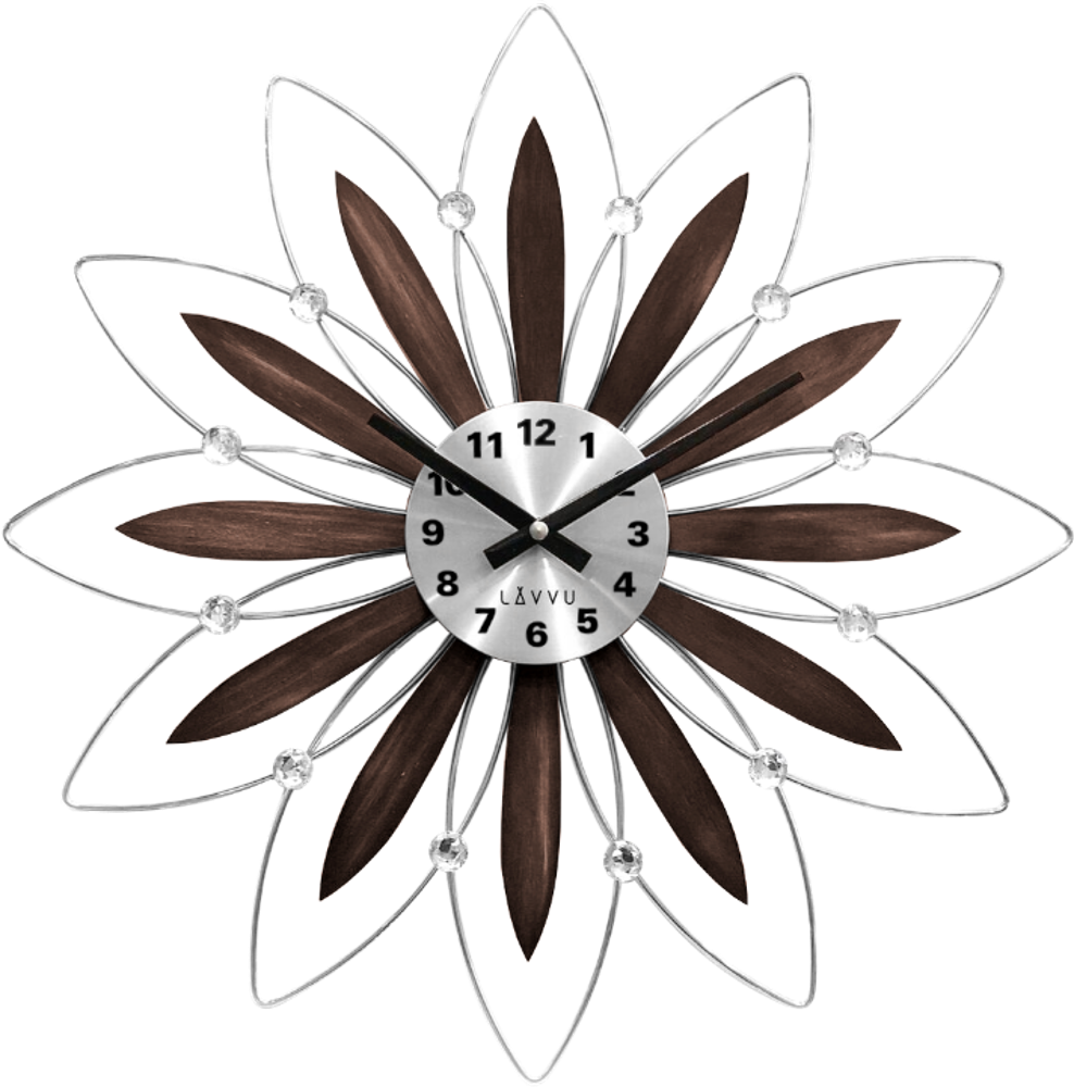 LAVVU Dřevěné stříbrné hodiny CRYSTAL Flower s čísly LCT1113