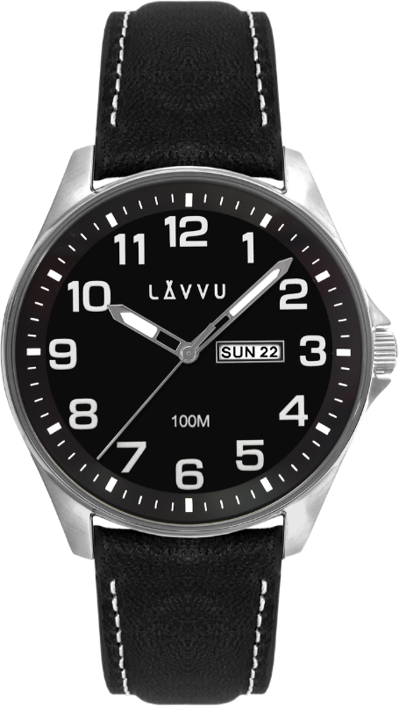 LAVVU Ocelové pánské hodinky BERGEN Black / Top Grain Leather se svítícími čísly LWM0145