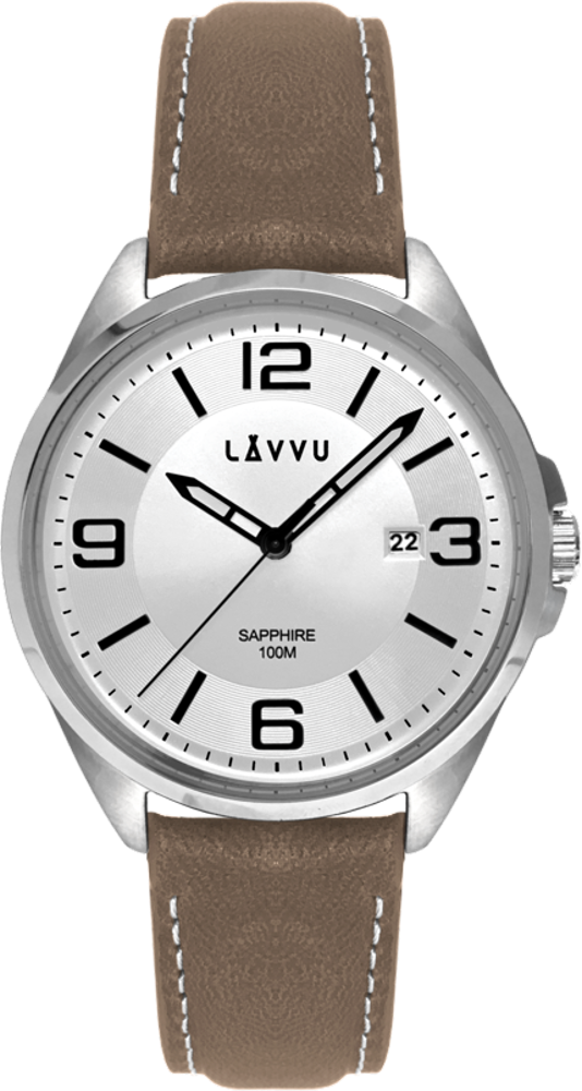 LAVVU Pánské hodinky se safírovým sklem HERNING Silver / Top Grain Leather