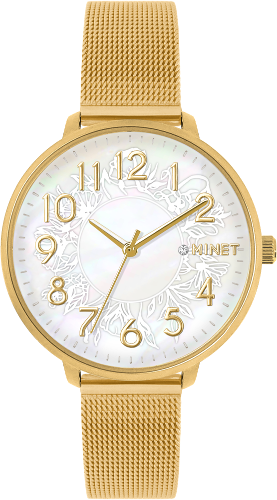 MINET Zlaté dámské hodinky PRAGUE Gold Flower Mesh s čísly MWL5148