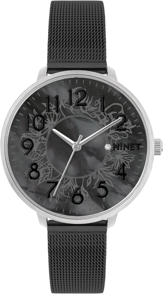 MINET Stříbrno-černé dámské hodinky PRAGUE Black Flower MESH s čísly MWL5165