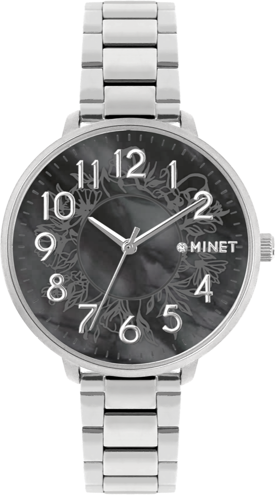 MINET Stříbrno-černé dámské hodinky PRAGUE Black Flower s čísly MWL5170
