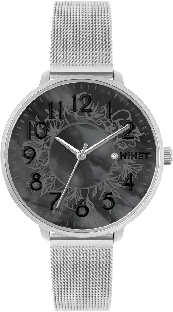 MINET Stříbrné dámské hodinky PRAGUE Black Flower Mesh s čísly MWL5171