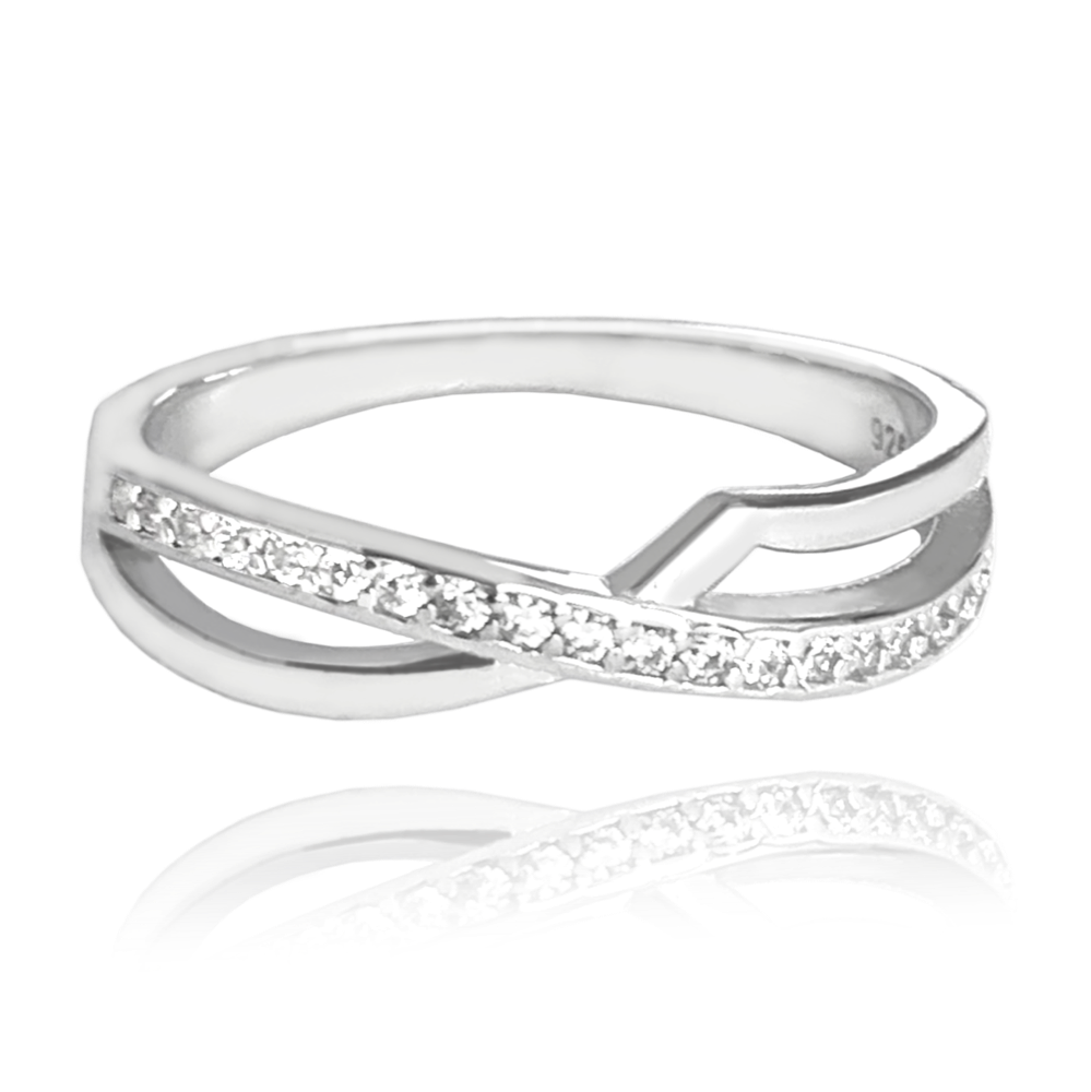 MINET Křížený stříbrný prsten s bílými zirkony vel. 48
