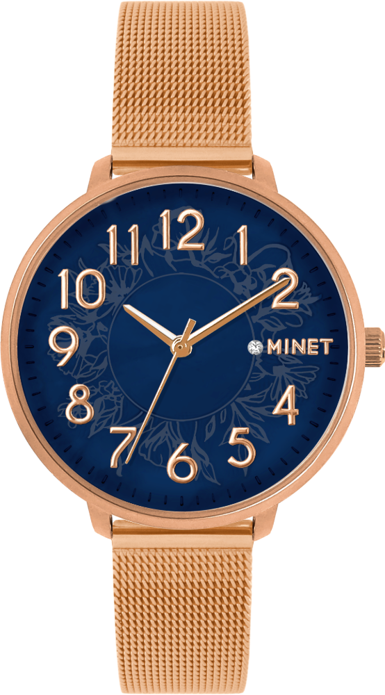 MINET Rose gold dámské hodinky PRAGUE Blue Flower MESH s čísly MWL5176