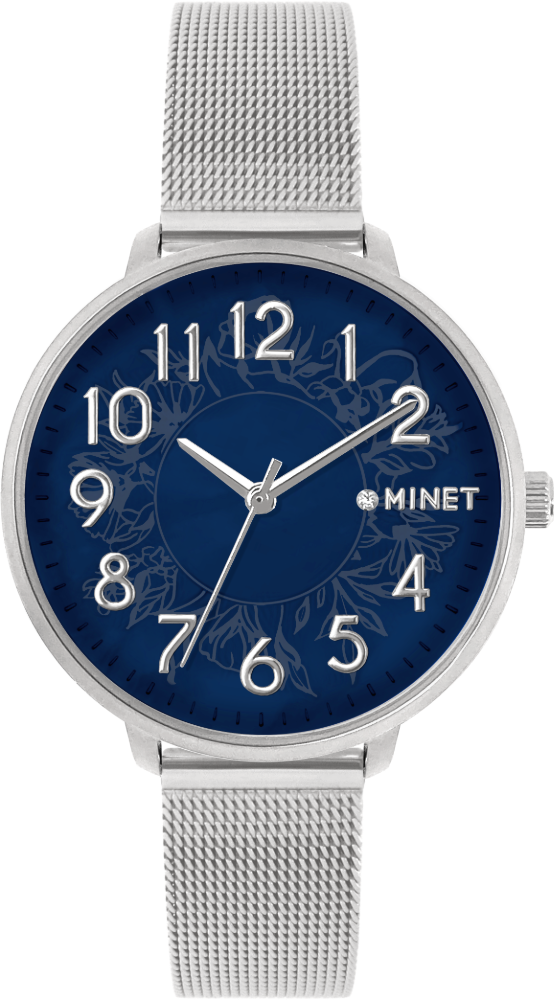 MINET Stříbrno-modré dámské hodinky PRAGUE Blue Flower Mesh s čísly MWL5174