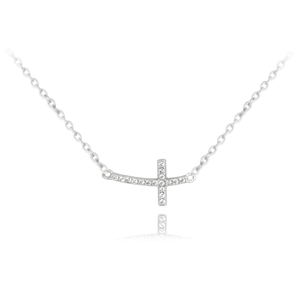 MINET Stříbrný náhrdelník drobný ležatý KŘÍŽEK se zirkony JMAS0130SN45
