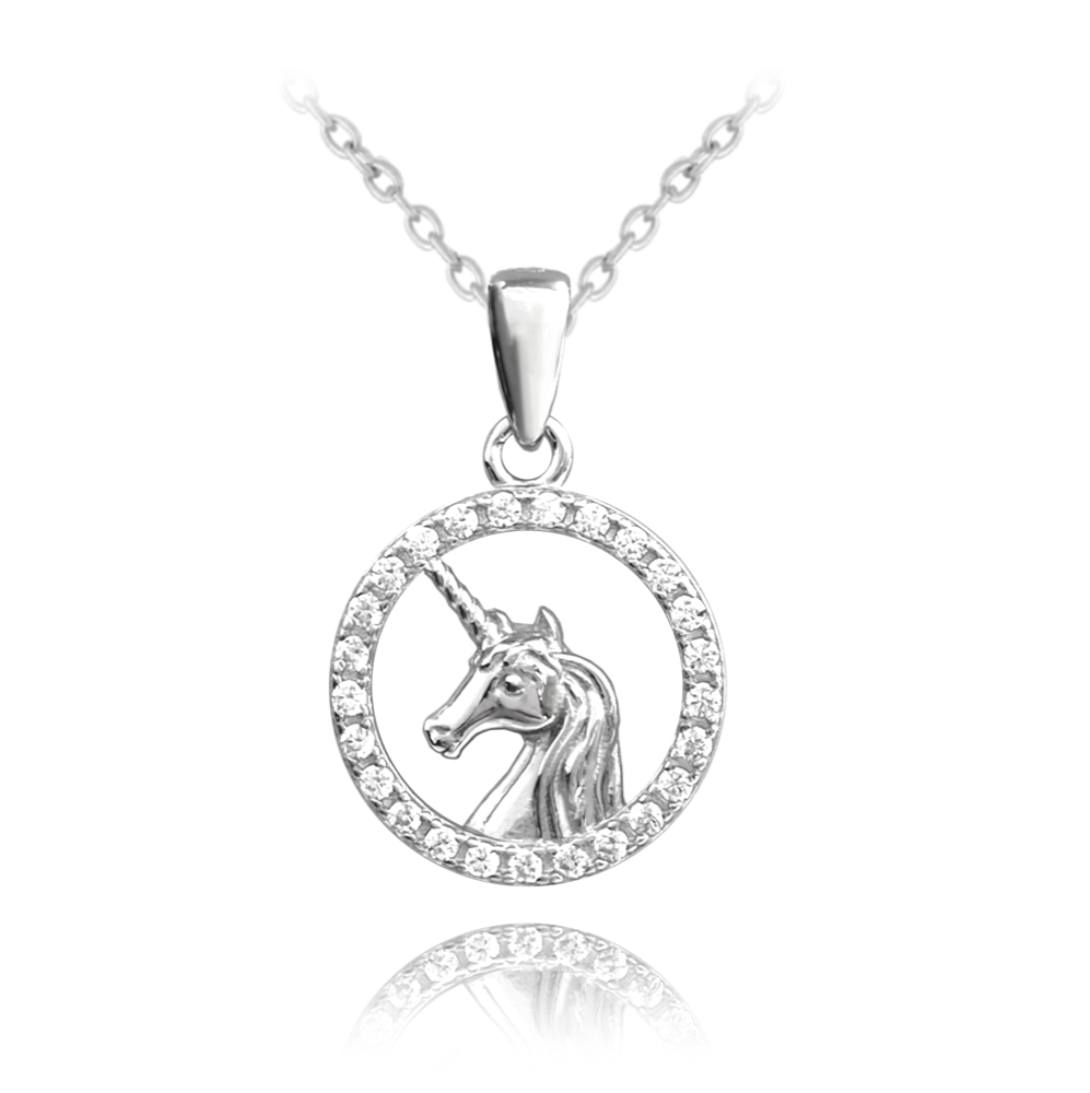 MINET Třpytivý stříbrný náhrdelník JEDNOROŽEC s bílými zirkony JMAD0028SN38
