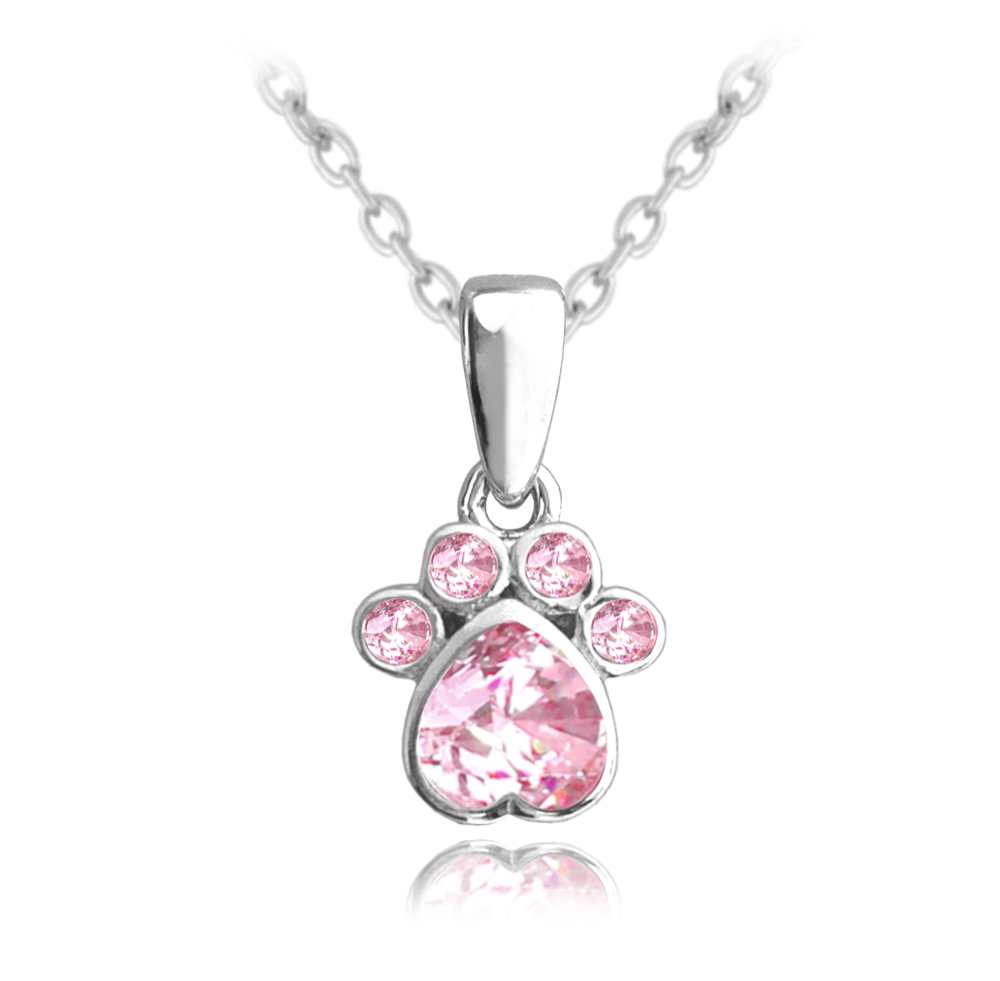 MINET Stříbrný náhrdelník TLAPKA s růžovými zirkony - Dětské