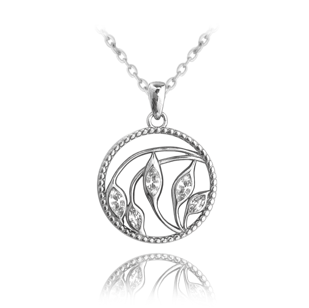 MINET Stříbrný náhrdelník LÍSTKY v kroužku s bílými zirkony JMAS0145SN45