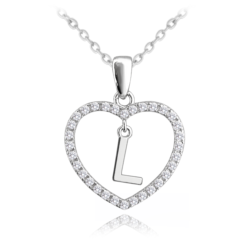 MINET Stříbrný náhrdelník písmeno v srdíčku "L" se zirkony
