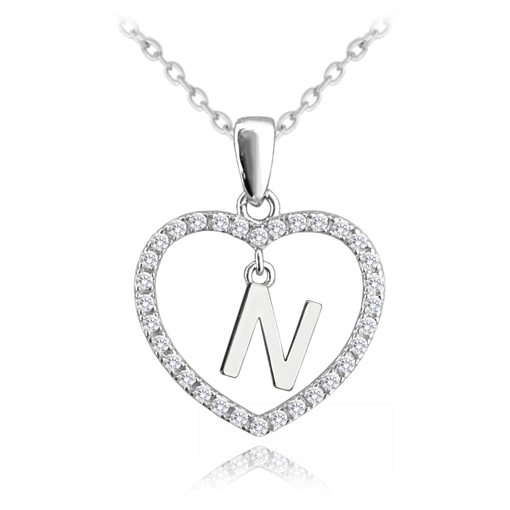 MINET Stříbrný náhrdelník písmeno v srdíčku "N" se zirkony JMAS900NSN45