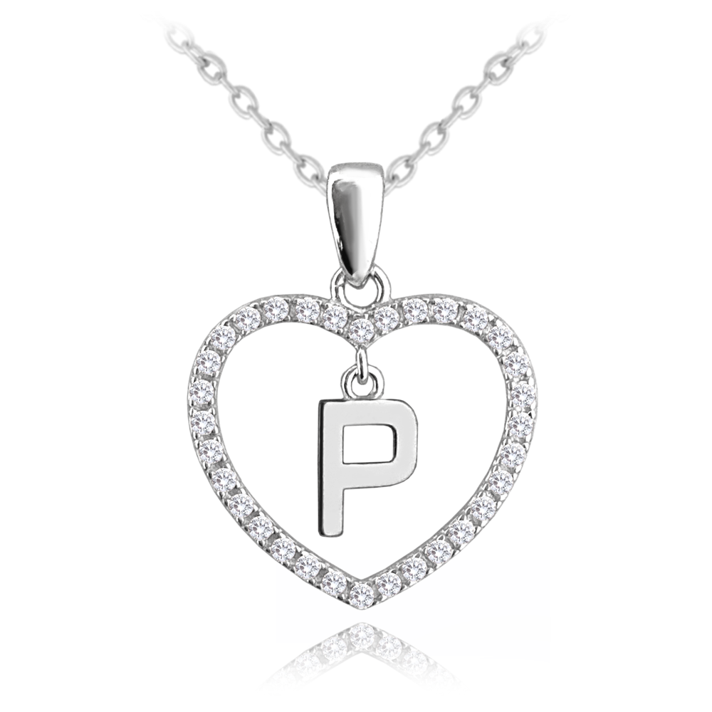 MINET Stříbrný náhrdelník písmeno v srdíčku "P" se zirkony JMAS900PSN45