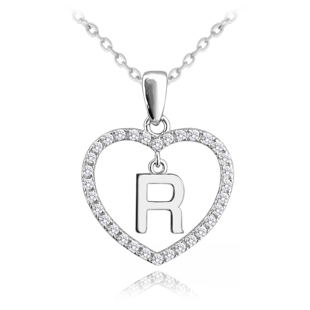 MINET Stříbrný náhrdelník písmeno v srdíčku "R" se zirkony