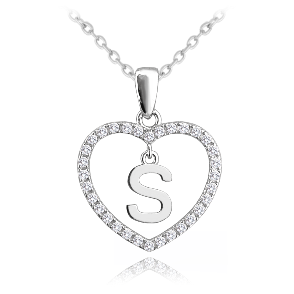 MINET Stříbrný náhrdelník písmeno v srdíčku "S" se zirkony
