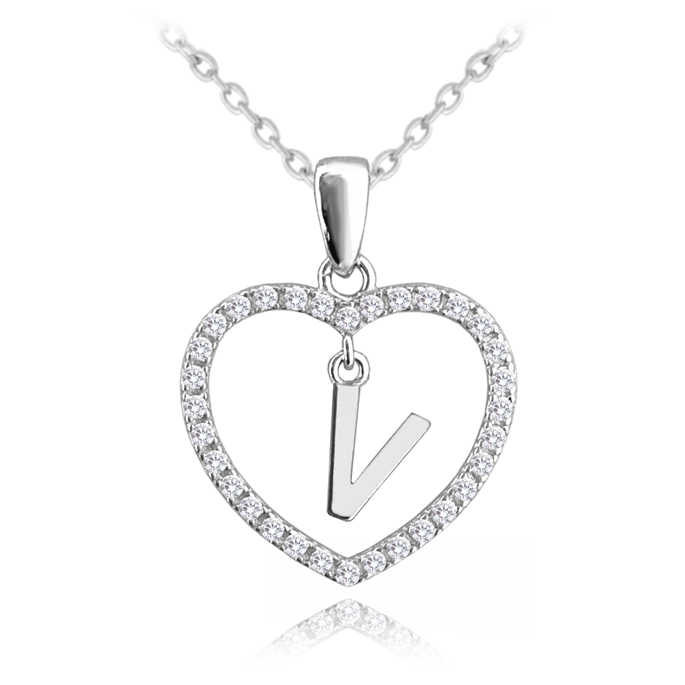 MINET Stříbrný náhrdelník písmeno v srdíčku "V" se zirkony