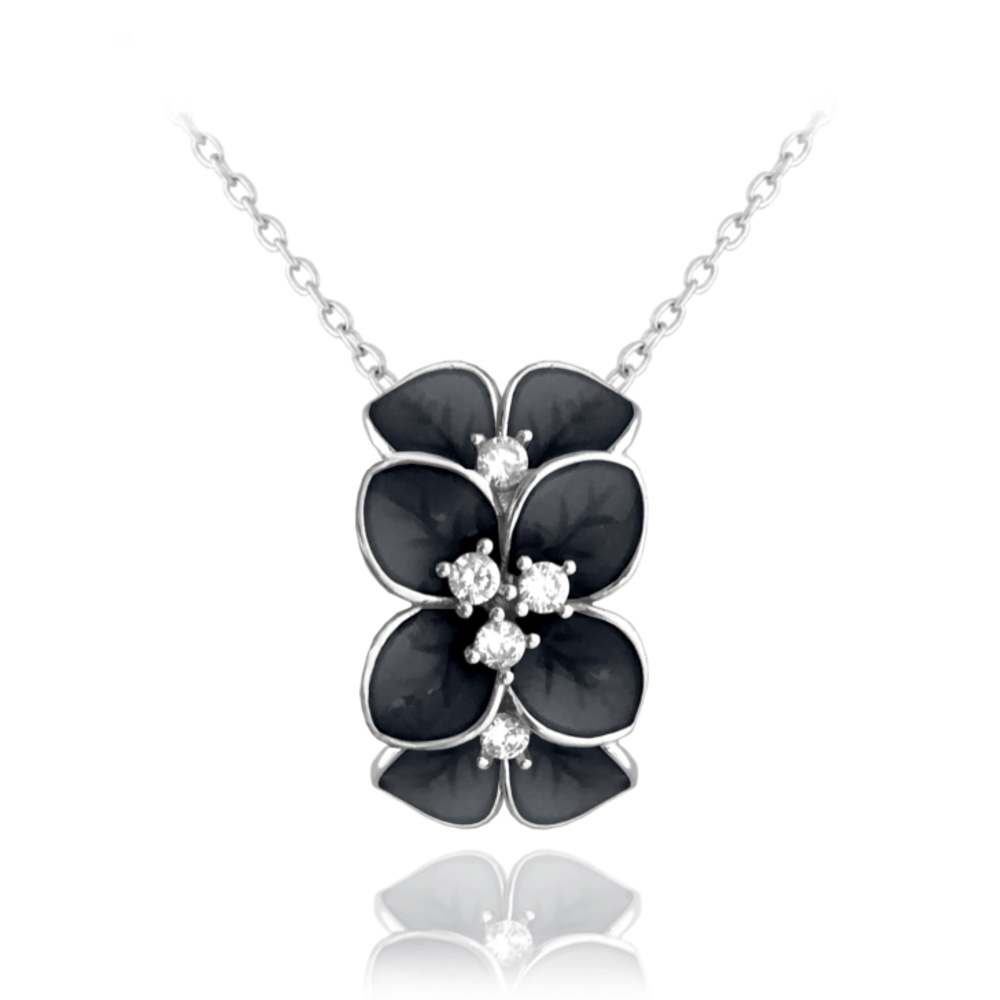 MINET Černý rozkvetlý stříbrný náhrdelník FLOWERS se zirkony JMAS5034BN45