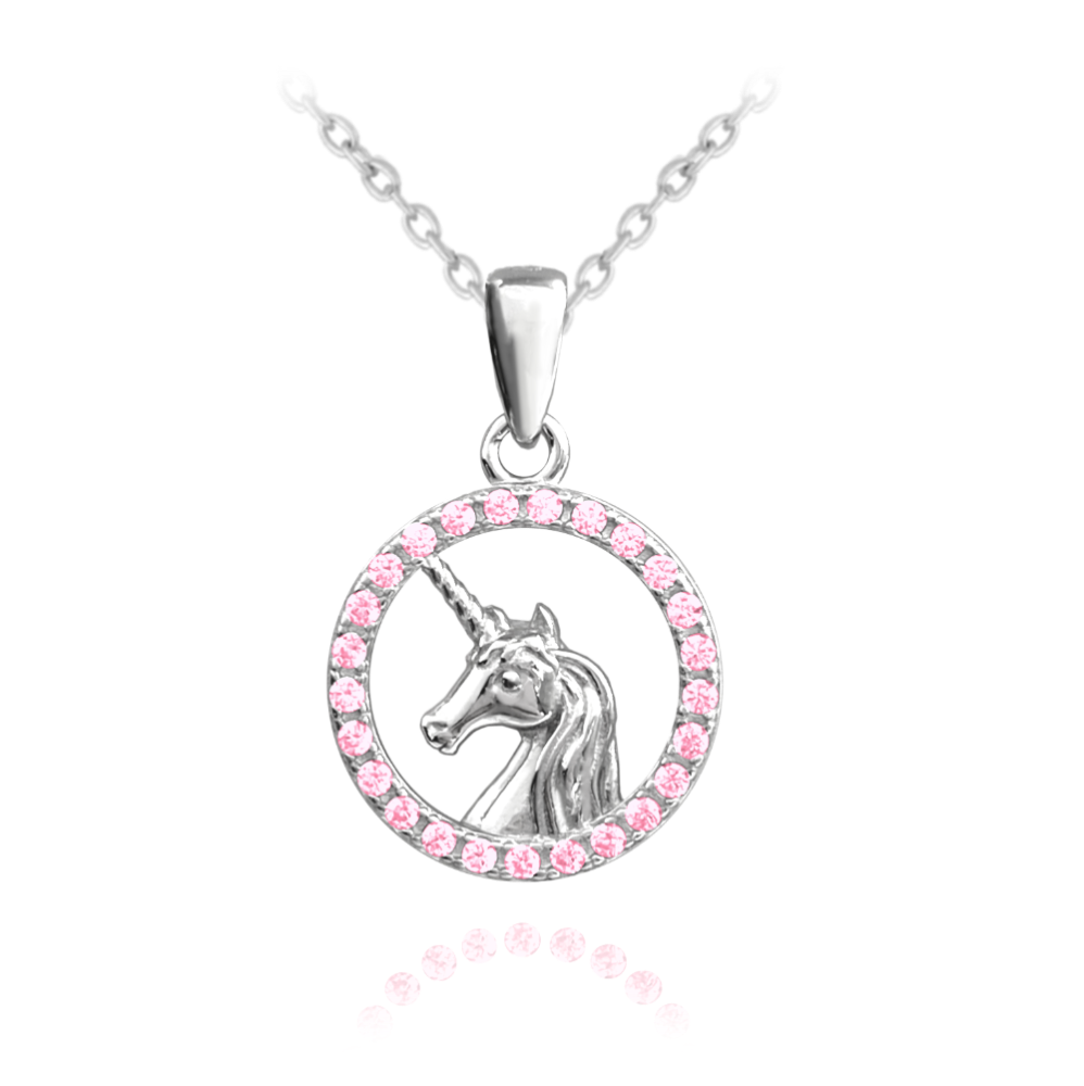 MINET Třpytivý stříbrný náhrdelník JEDNOROŽEC s růžovými zirkony - Dětské