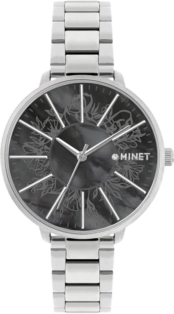 MINET Stříbrno-černé dámské hodinky PRAGUE Black Flower