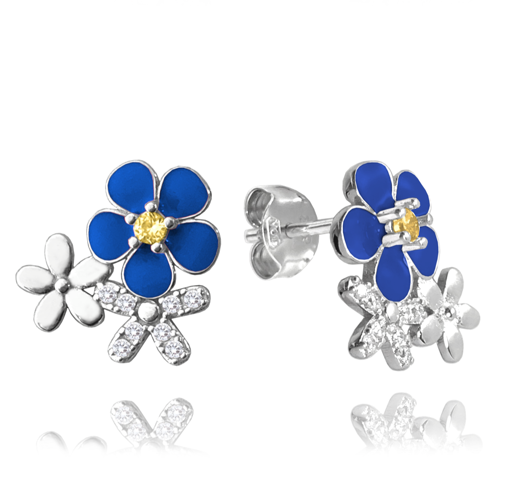 MINET Modré rozkvetlé stříbrné náušnice FLOWERS se zirkony JMAS5058BE00