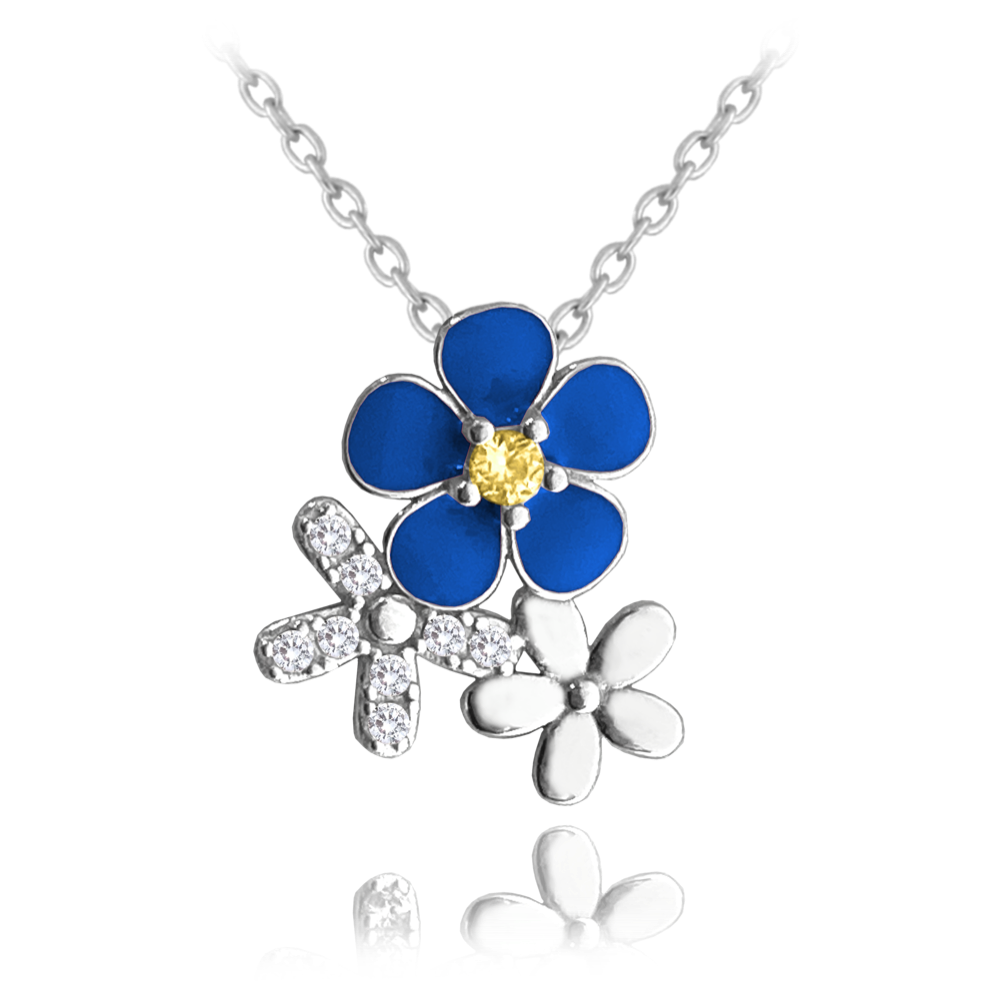 MINET Modrý rozkvetlý stříbrný náhrdelník FLOWERS se zirkonem JMAS5058BN45