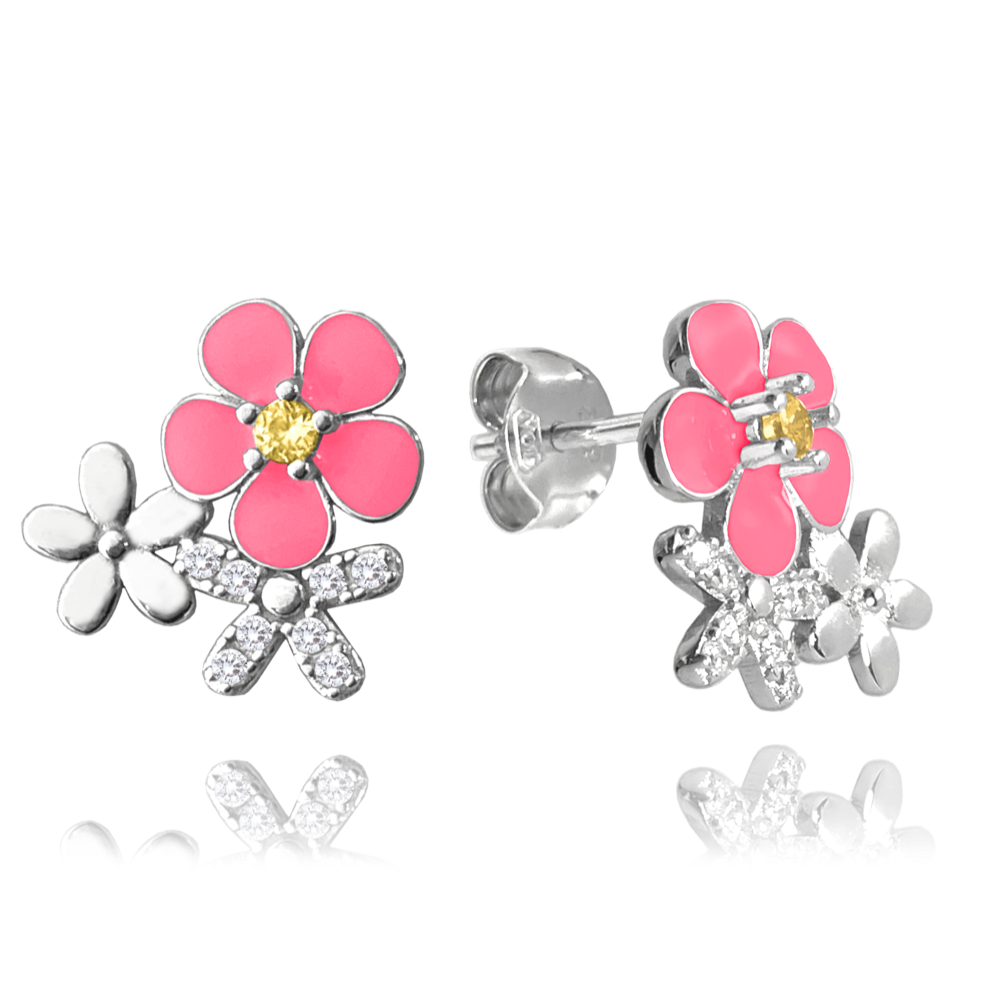 MINET Růžové rozkvetlé stříbrné náušnice FLOWERS se zirkony JMAS5058PE00