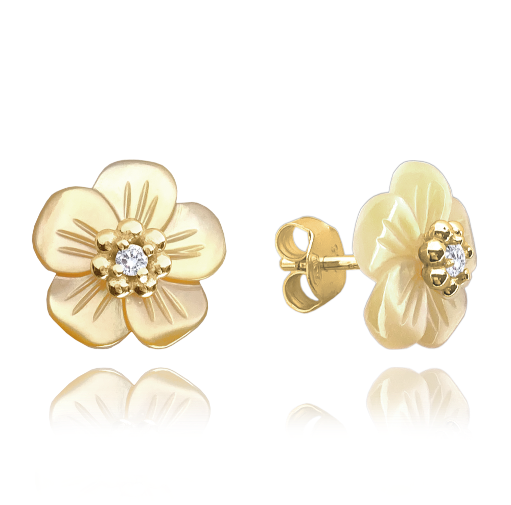 MINET Pozlacené stříbrné náušnice žluté perleťové KYTIČKY