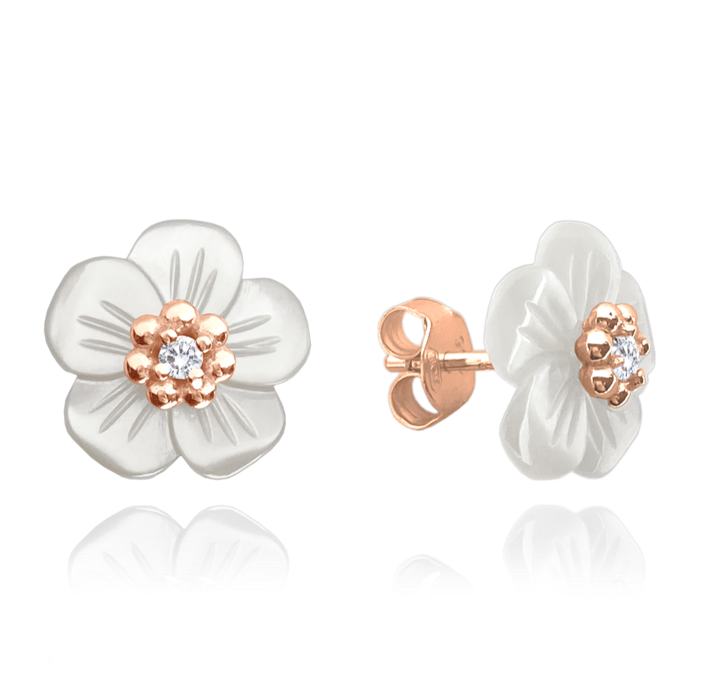 MINET Rose gold stříbrné náušnice bílé perleťové KYTIČKY JMAN5011RE00
