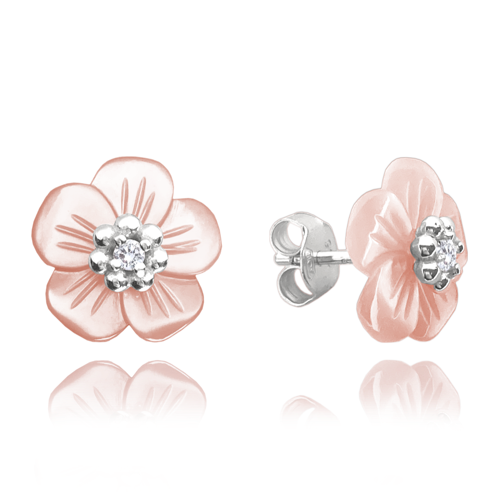 MINET Stříbrné náušnice růžové perleťové KYTIČKY JMAN5011SE00
